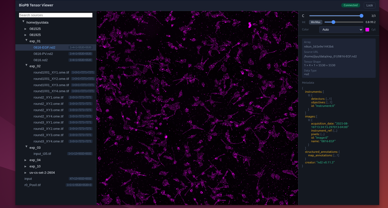The BioPB data browser: a source tree on the left, a microscopy image preview in the center, and a metadata and colormap panel on the right.