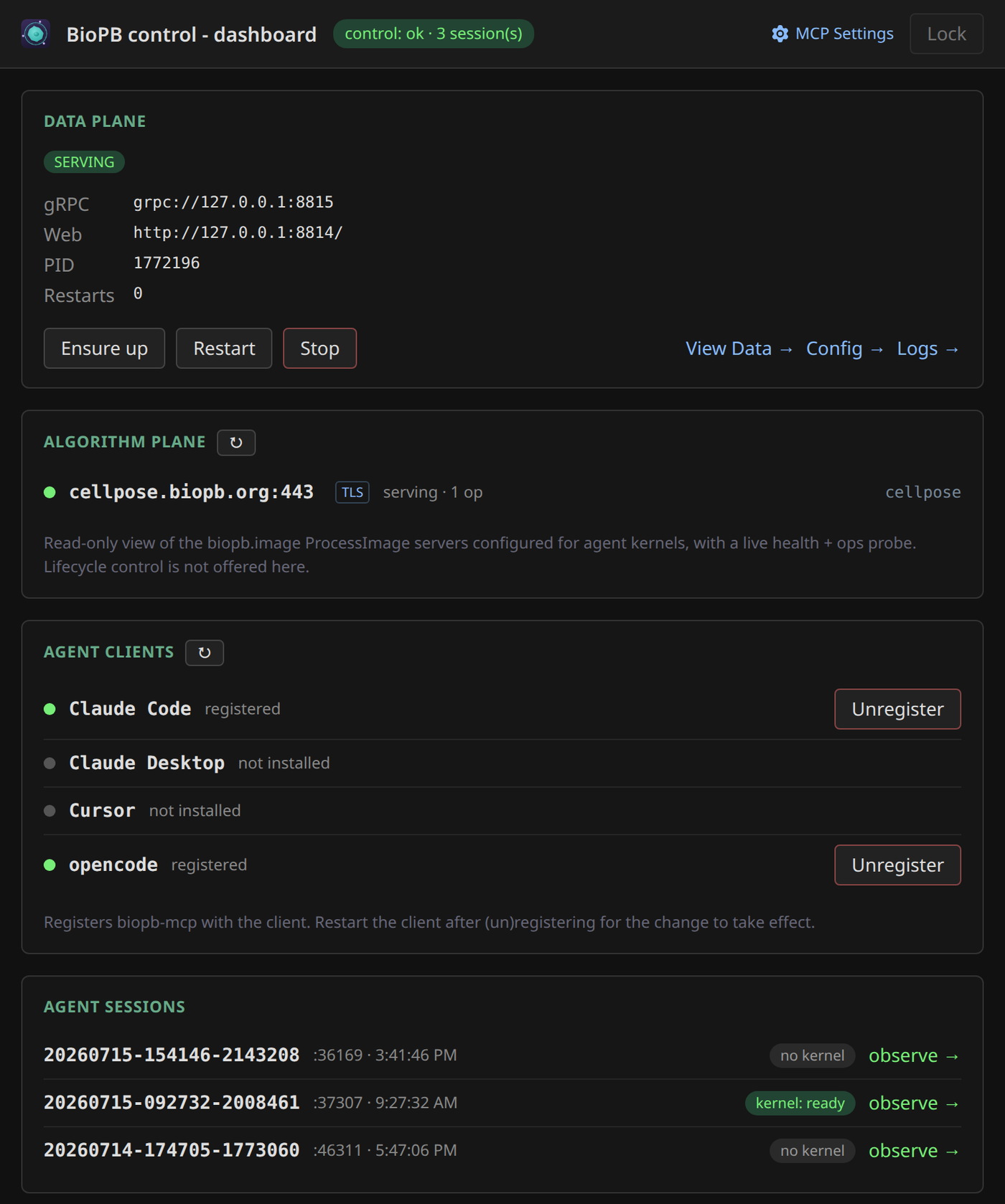 The biopb dashboard, showing the data plane, algorithm plane, agent clients, and agent sessions